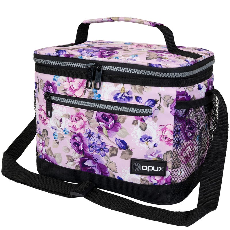 opux Insulated Lunch Box Men Women, Lunch Bag for Work School, Leakproof Soft Cooler Tote Adult, Large Lunch Pail Kids Boys Girls, Picnic Beach Food Bag with Shoulder Strap, Purple Floral - Image 1